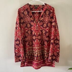 Lauren Ralph Lauren Popover Tunic Top Womens XL Red Southwest Bohemian Casual